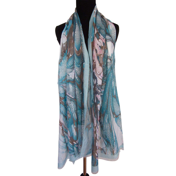 'Aquamarine Life' Cotton & Silk Scarf/Sash with Fringed Ends