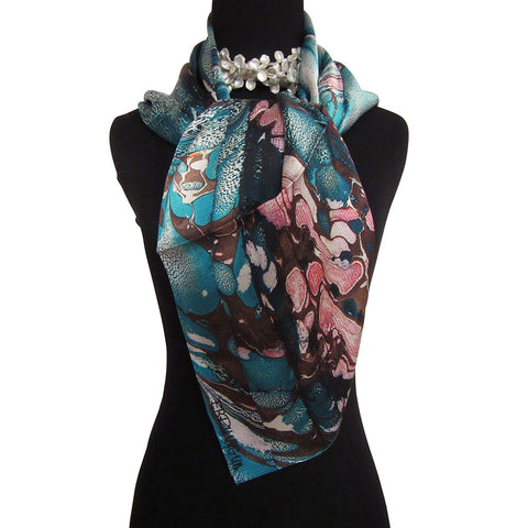 'Aquamarine Life' Silk Satin Scarf