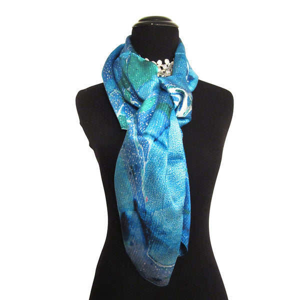'Blue Lagoon' Blue, Green Silk Satin Scarf