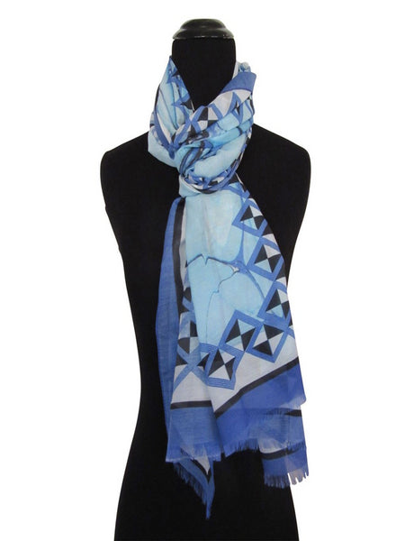 'Capri Sea' with Geometric Border Cotton & Silk Scarf/Sash with Fringed ends