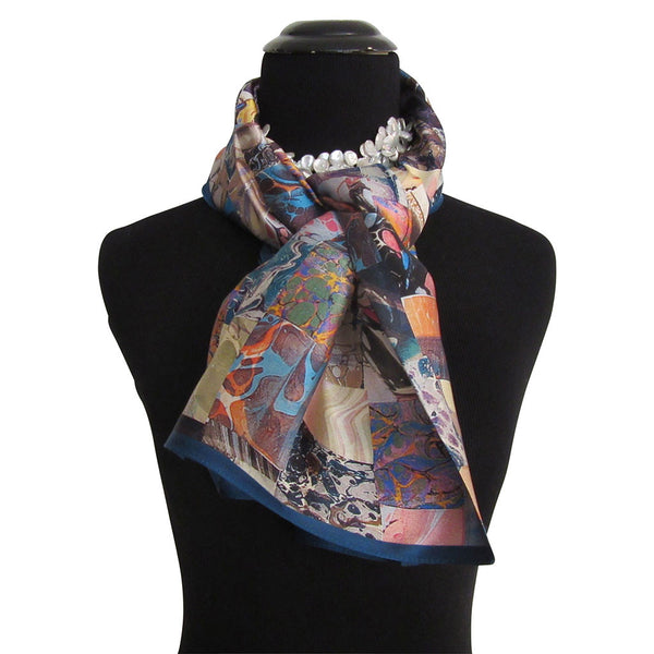 'Ebru Checkerboard' Multi-Color Silk Satin Scarf