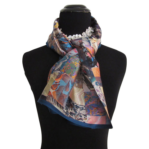 'Ebru Checkerboard' Multi-Color Silk Satin Scarf