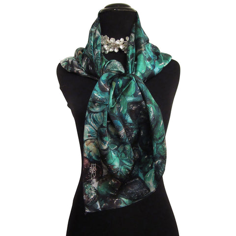 'Underwater Pebbles' Blue, Green, Brown Silk Satin