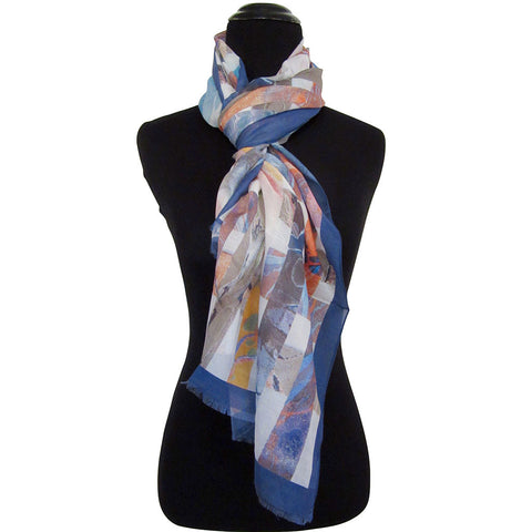 'Marble Latticework' Cotton & Silk Scarf with Blue Border with Fringed ends